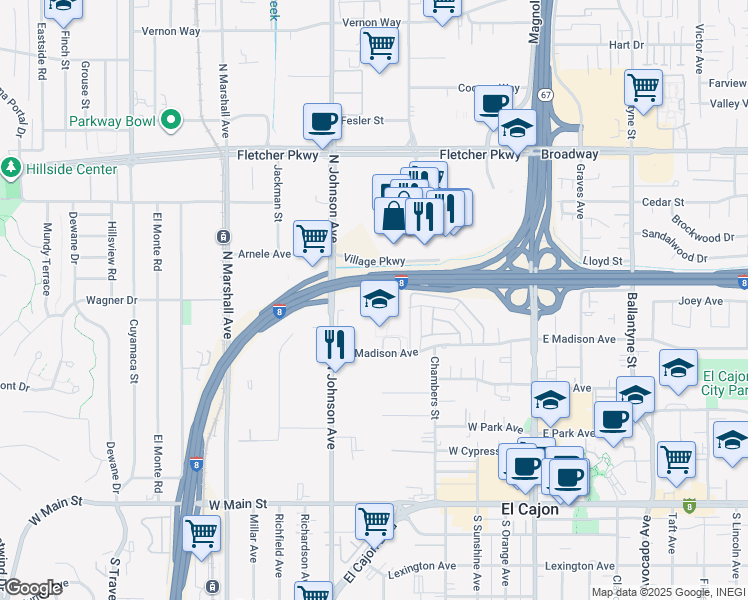 map of restaurants, bars, coffee shops, grocery stores, and more near 589 North Johnson Avenue in El Cajon
