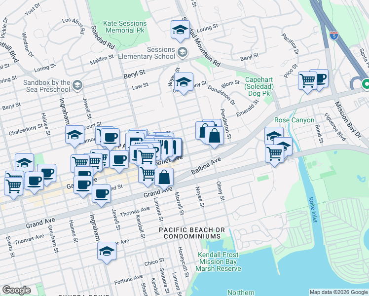 map of restaurants, bars, coffee shops, grocery stores, and more near 2050 Garnet Avenue in San Diego