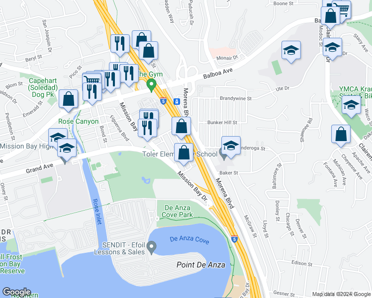 map of restaurants, bars, coffee shops, grocery stores, and more near 3487 Del Rey Street in San Diego