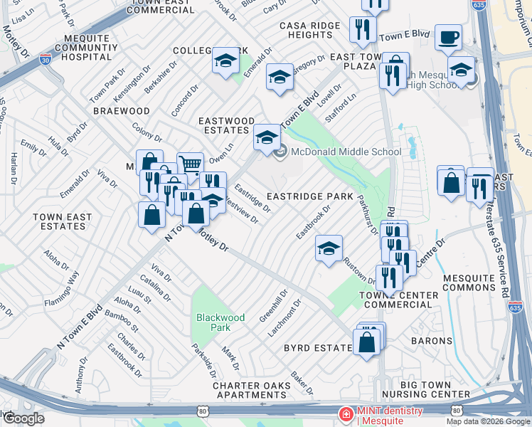 map of restaurants, bars, coffee shops, grocery stores, and more near 2620 Belhaven Drive in Mesquite