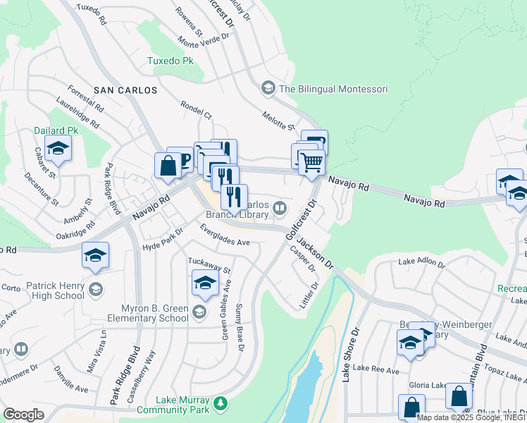 map of restaurants, bars, coffee shops, grocery stores, and more near 6815 Caminito Mundo in San Diego