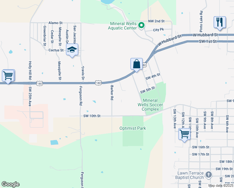 map of restaurants, bars, coffee shops, grocery stores, and more near 1701 U.S. 180 in Mineral Wells