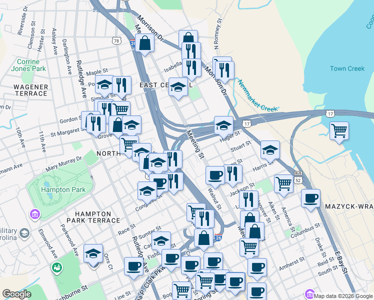 map of restaurants, bars, coffee shops, grocery stores, and more near 264 Huger Street in Charleston
