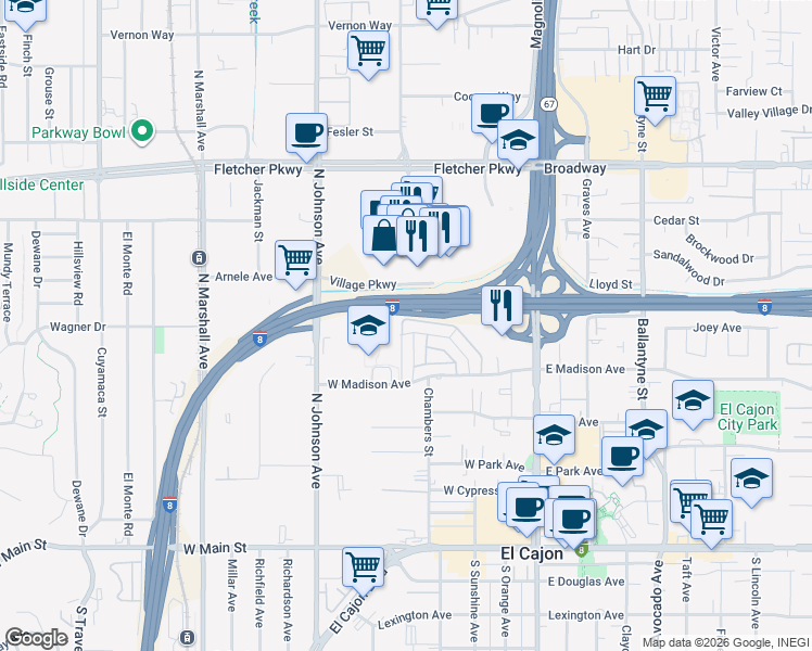 map of restaurants, bars, coffee shops, grocery stores, and more near 448 Compton Street in El Cajon