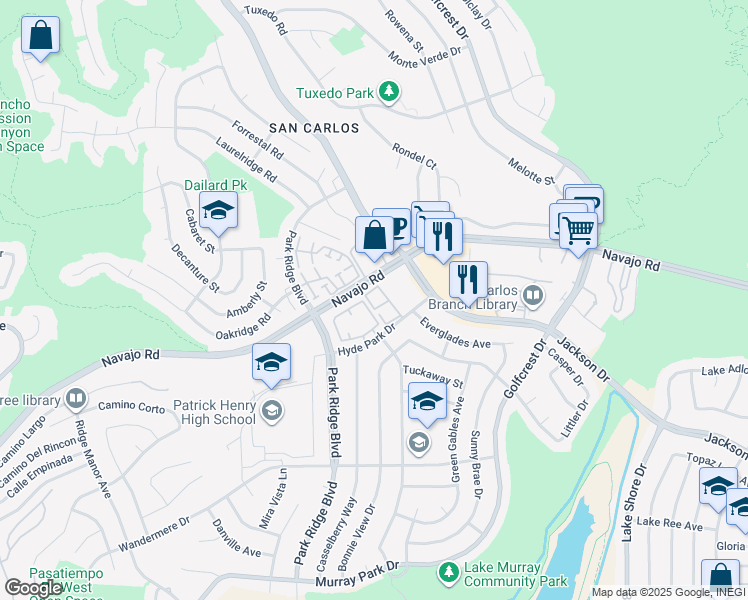 map of restaurants, bars, coffee shops, grocery stores, and more near 6930 Hyde Park Drive in San Diego