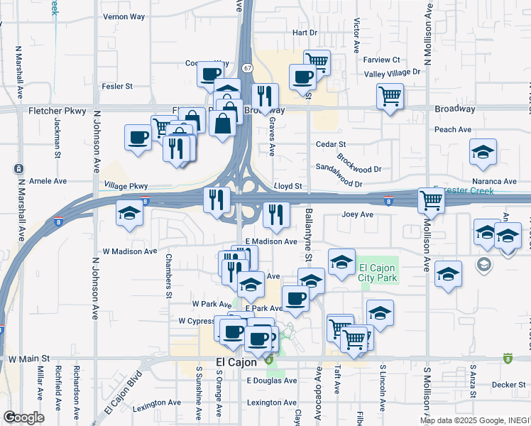 map of restaurants, bars, coffee shops, grocery stores, and more near 594 Graves Avenue in El Cajon