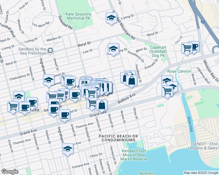 map of restaurants, bars, coffee shops, grocery stores, and more near 2047 Felspar Street in San Diego