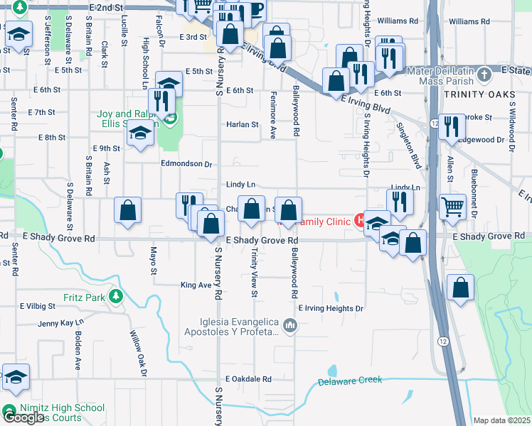 map of restaurants, bars, coffee shops, grocery stores, and more near 1104 Trinity View Street in Irving