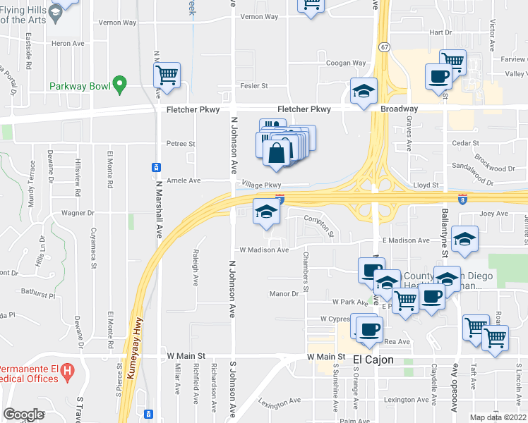 map of restaurants, bars, coffee shops, grocery stores, and more near in El Cajon