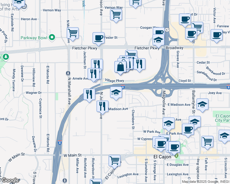 map of restaurants, bars, coffee shops, grocery stores, and more near 589 North Johnson Avenue in El Cajon