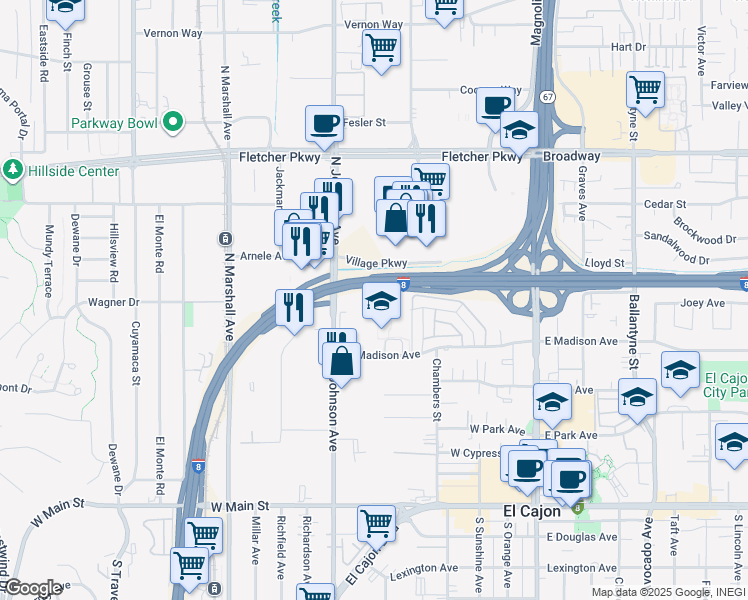 map of restaurants, bars, coffee shops, grocery stores, and more near 541 North Johnson Avenue in El Cajon
