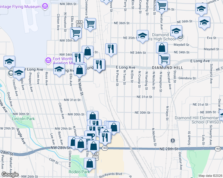 map of restaurants, bars, coffee shops, grocery stores, and more near 3222 North Grove Street in Fort Worth