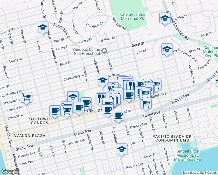map of restaurants, bars, coffee shops, grocery stores, and more near 1633 Diamond Street in San Diego
