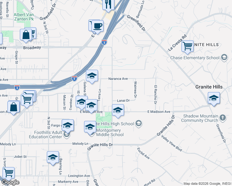 map of restaurants, bars, coffee shops, grocery stores, and more near 1708 Lanai Drive in El Cajon