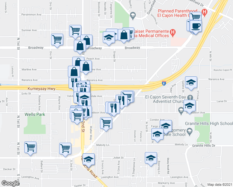 map of restaurants, bars, coffee shops, grocery stores, and more near 1405 Oakdale Avenue in El Cajon