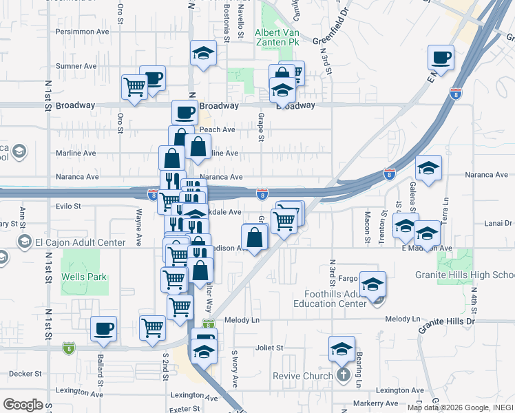 map of restaurants, bars, coffee shops, grocery stores, and more near 1405 Oakdale Avenue in El Cajon
