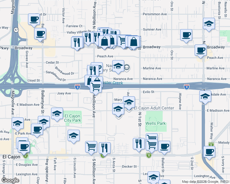 map of restaurants, bars, coffee shops, grocery stores, and more near 575 Mcway Court in El Cajon