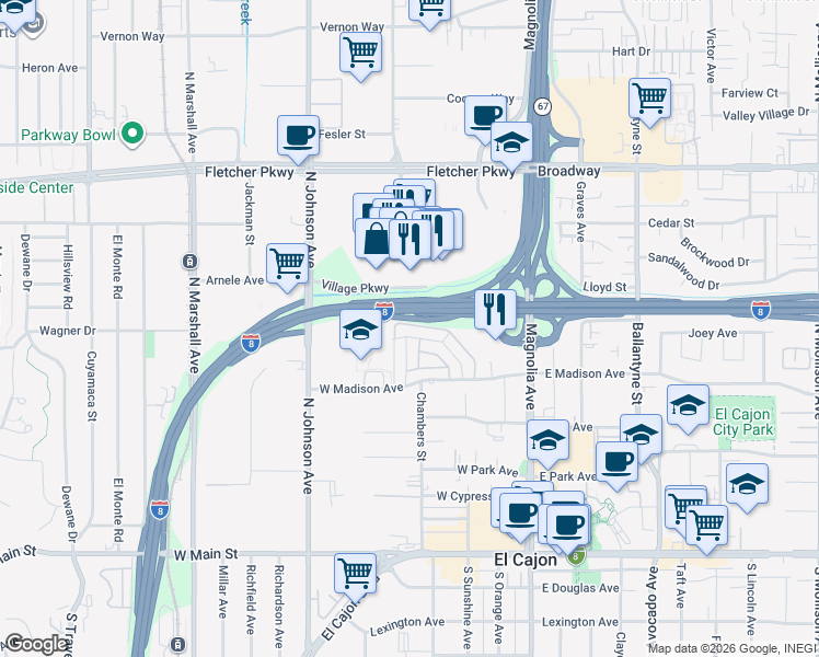 map of restaurants, bars, coffee shops, grocery stores, and more near 599 Chambers Street in El Cajon