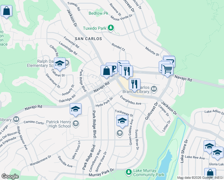 map of restaurants, bars, coffee shops, grocery stores, and more near 6924 Hyde Park Drive in San Diego