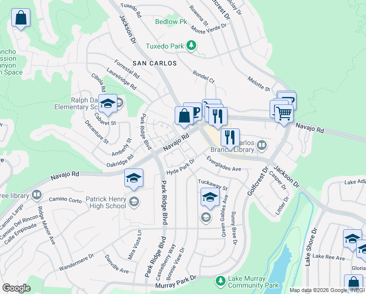 map of restaurants, bars, coffee shops, grocery stores, and more near 6868 Hyde Park Drive in San Diego