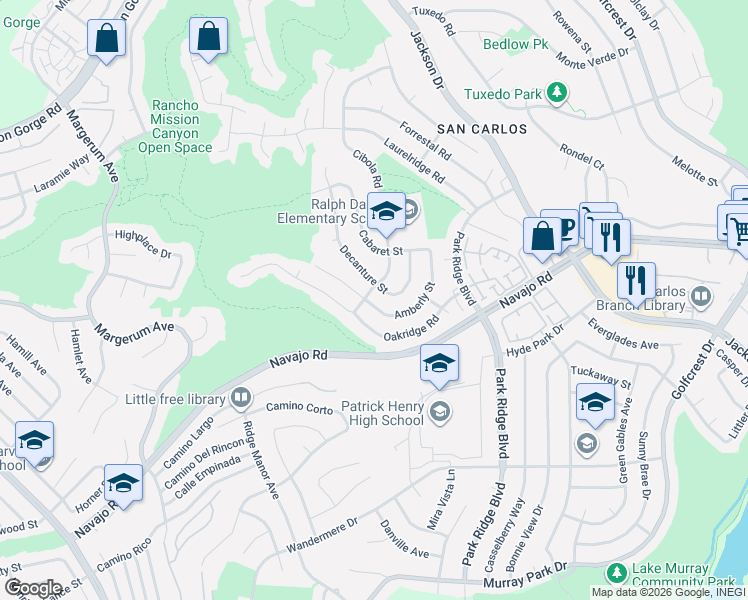 map of restaurants, bars, coffee shops, grocery stores, and more near 6530 Amberly Street in San Diego
