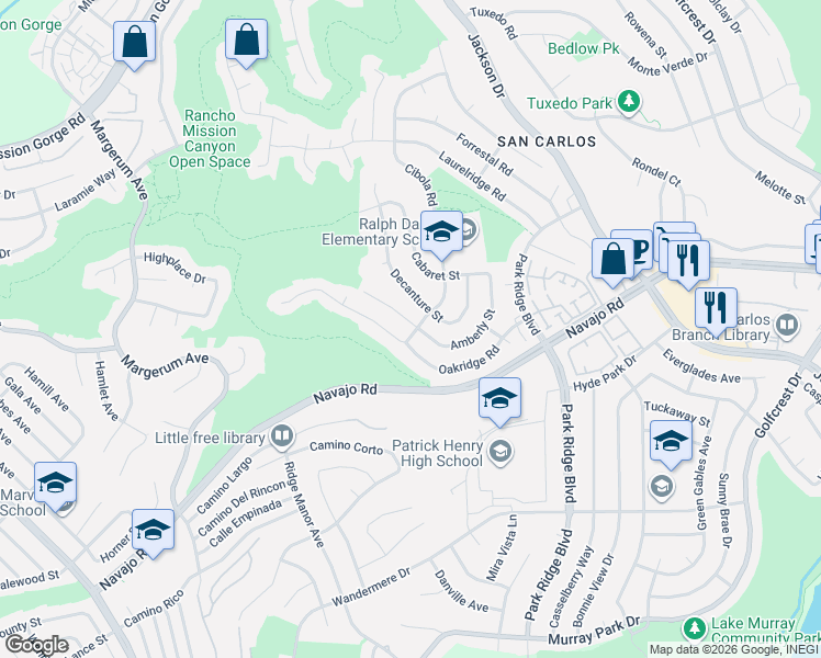 map of restaurants, bars, coffee shops, grocery stores, and more near 6450 Oakridge Road in San Diego