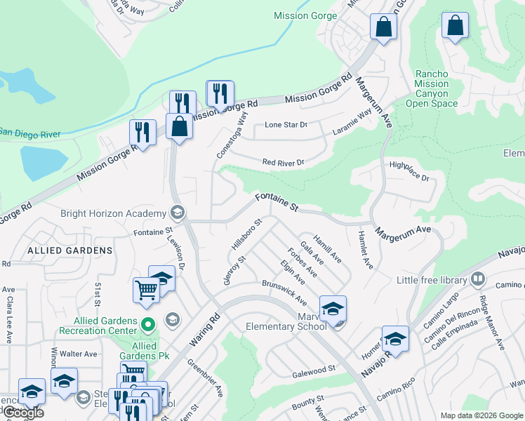 map of restaurants, bars, coffee shops, grocery stores, and more near 7150 Hillsboro Street in San Diego