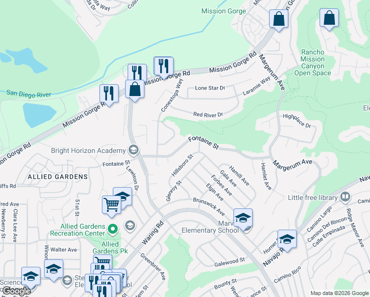 map of restaurants, bars, coffee shops, grocery stores, and more near 7150 Hillsboro Street in San Diego