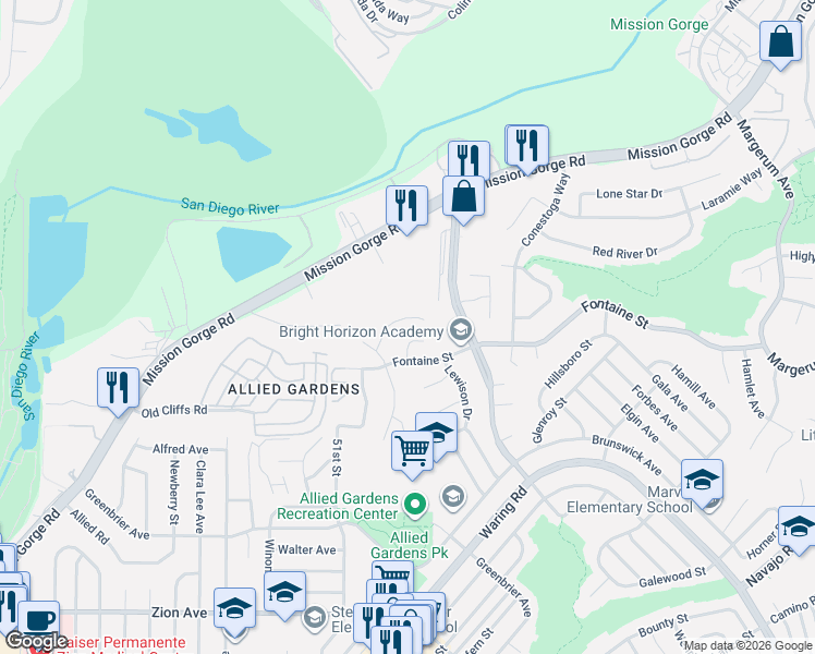 map of restaurants, bars, coffee shops, grocery stores, and more near 7134 Romford Court in San Diego