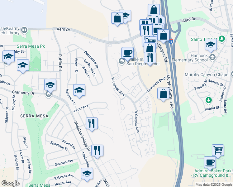 map of restaurants, bars, coffee shops, grocery stores, and more near 3244 West Canyon Avenue in San Diego