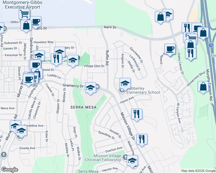 map of restaurants, bars, coffee shops, grocery stores, and more near 3300 Ruffin Road in San Diego