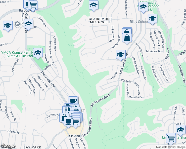 map of restaurants, bars, coffee shops, grocery stores, and more near 5311 Via Carancho in San Diego