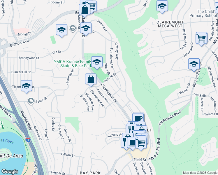 map of restaurants, bars, coffee shops, grocery stores, and more near in San Diego