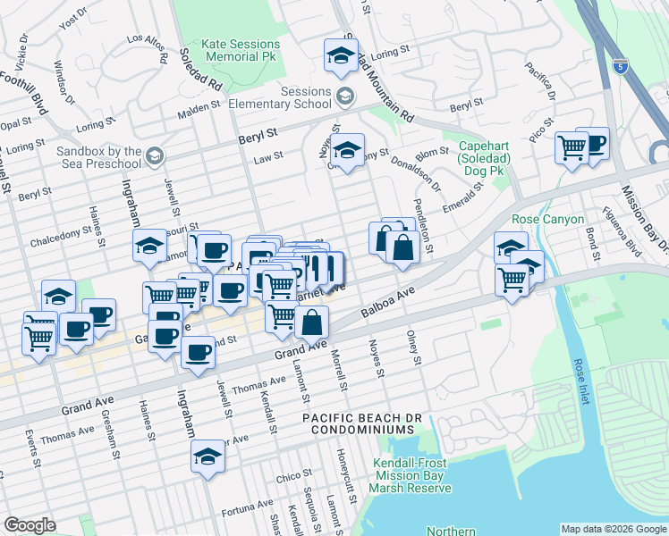 map of restaurants, bars, coffee shops, grocery stores, and more near 2050 Garnet Avenue in San Diego