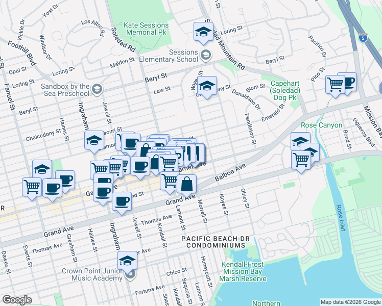 map of restaurants, bars, coffee shops, grocery stores, and more near 4526 Morrell Street in San Diego