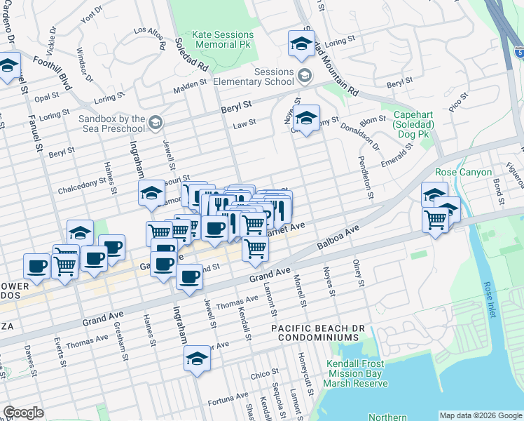 map of restaurants, bars, coffee shops, grocery stores, and more near in San Diego