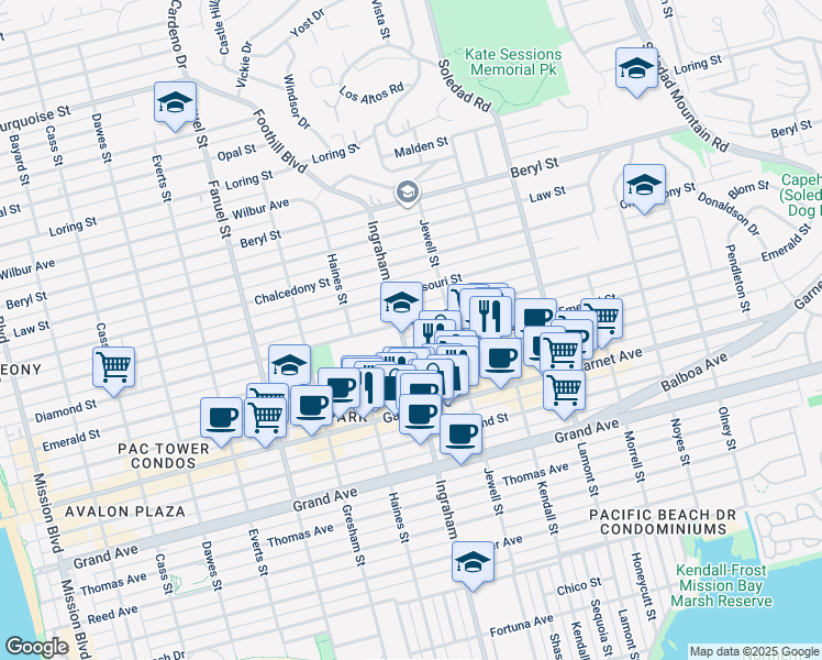 map of restaurants, bars, coffee shops, grocery stores, and more near in San Diego