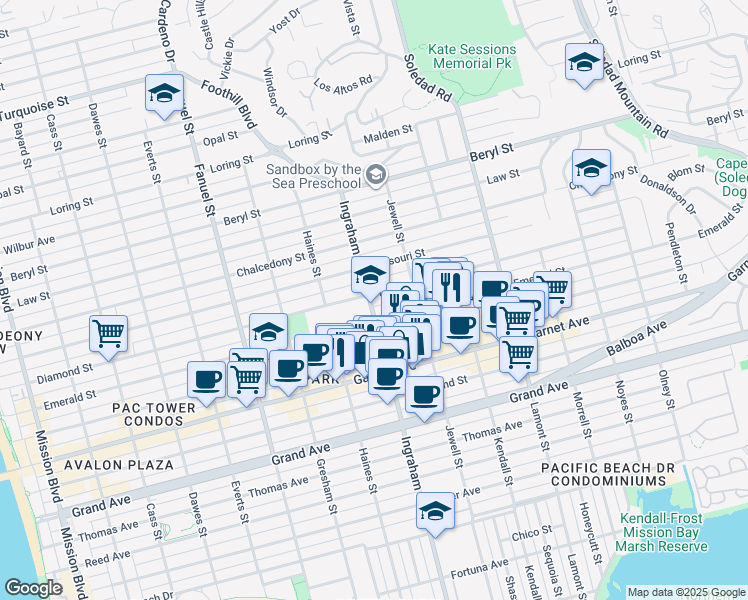map of restaurants, bars, coffee shops, grocery stores, and more near in San Diego