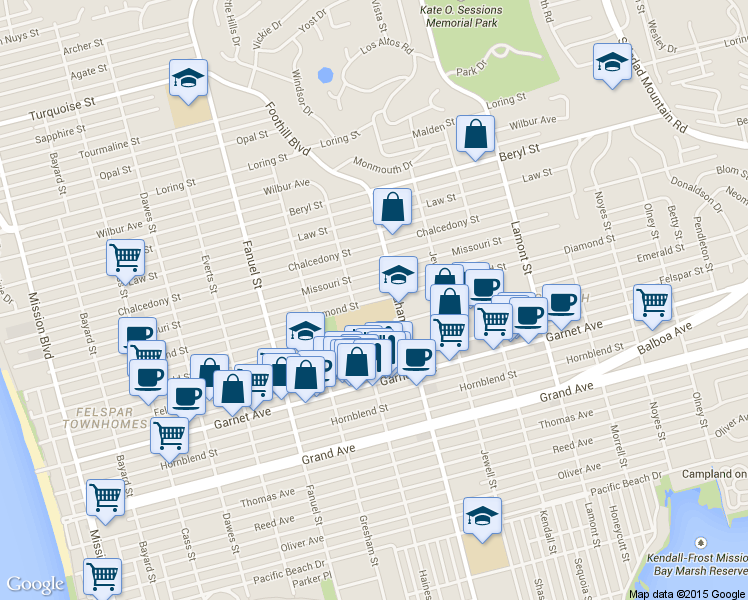 map of restaurants, bars, coffee shops, grocery stores, and more near 1516 Diamond Street in San Diego