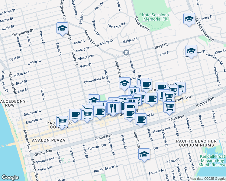 map of restaurants, bars, coffee shops, grocery stores, and more near 1516 Diamond Street in San Diego