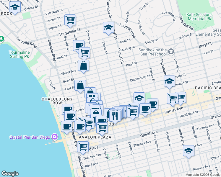 map of restaurants, bars, coffee shops, grocery stores, and more near in San Diego