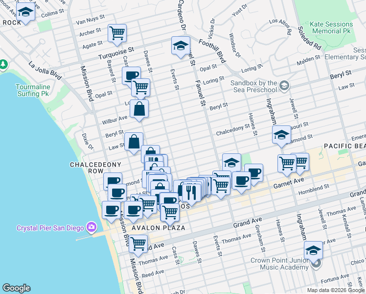 map of restaurants, bars, coffee shops, grocery stores, and more near in San Diego