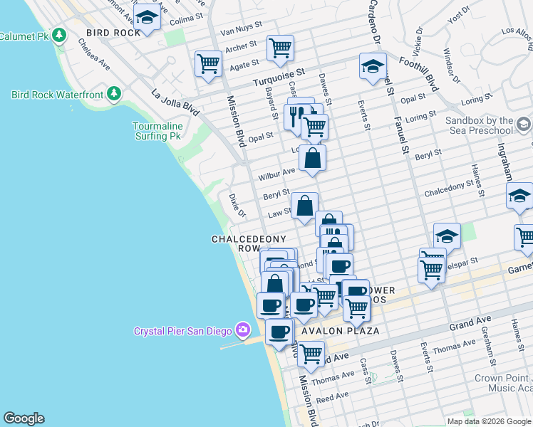 map of restaurants, bars, coffee shops, grocery stores, and more near 819 Law Street in San Diego