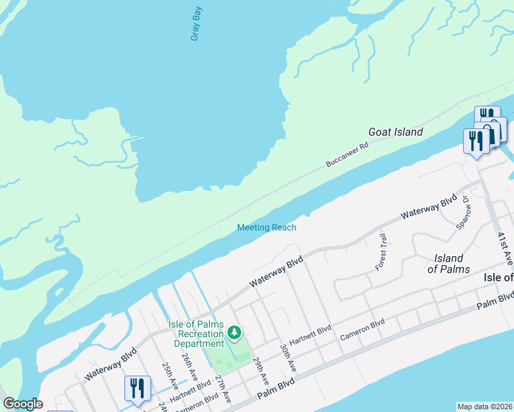 map of restaurants, bars, coffee shops, grocery stores, and more near 2907 Buccaneer Road in Isle of Palms