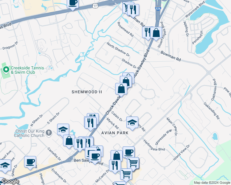 map of restaurants, bars, coffee shops, grocery stores, and more near 1122 Interstate 526 Business Spur in Mount Pleasant