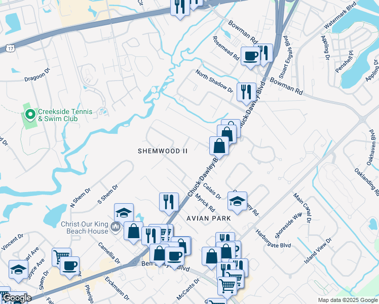 map of restaurants, bars, coffee shops, grocery stores, and more near 931 Blackrail Court in Mount Pleasant
