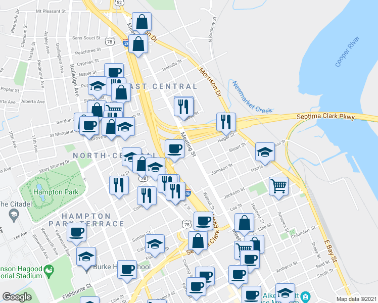map of restaurants, bars, coffee shops, grocery stores, and more near 264 Huger Street in Charleston