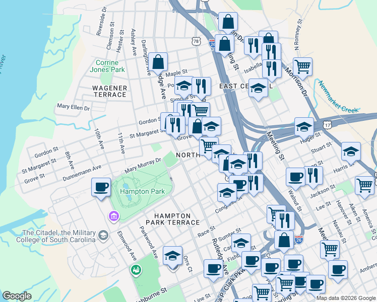 map of restaurants, bars, coffee shops, grocery stores, and more near 16 Cleveland Street in Charleston