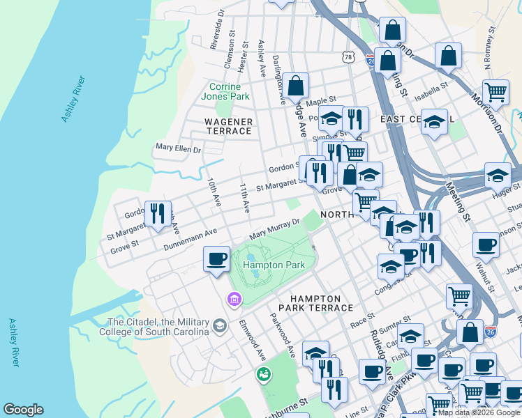 map of restaurants, bars, coffee shops, grocery stores, and more near 30 Dunnemann Avenue in Charleston