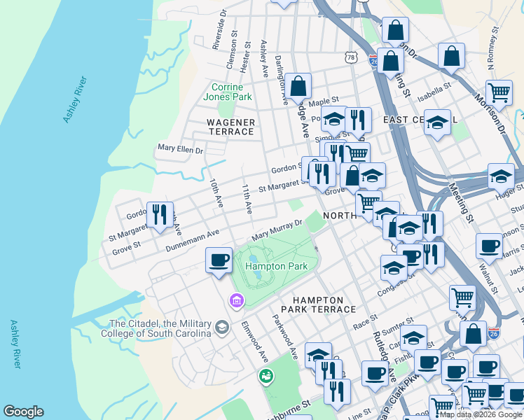 map of restaurants, bars, coffee shops, grocery stores, and more near 30 Dunnemann Avenue in Charleston